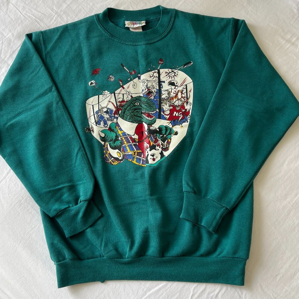 Vintage 90s Northern Getaway Boys Hockey Dinosaur Crewneck Christmas Sweater